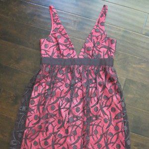 NEW Milly New York Black pink lace deep v neck knee length cocktail dress empire